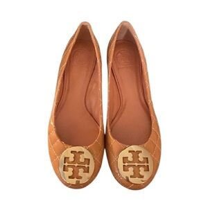 Tory Burch Reva Quilted Camel/Tan Logo Ballet Flats